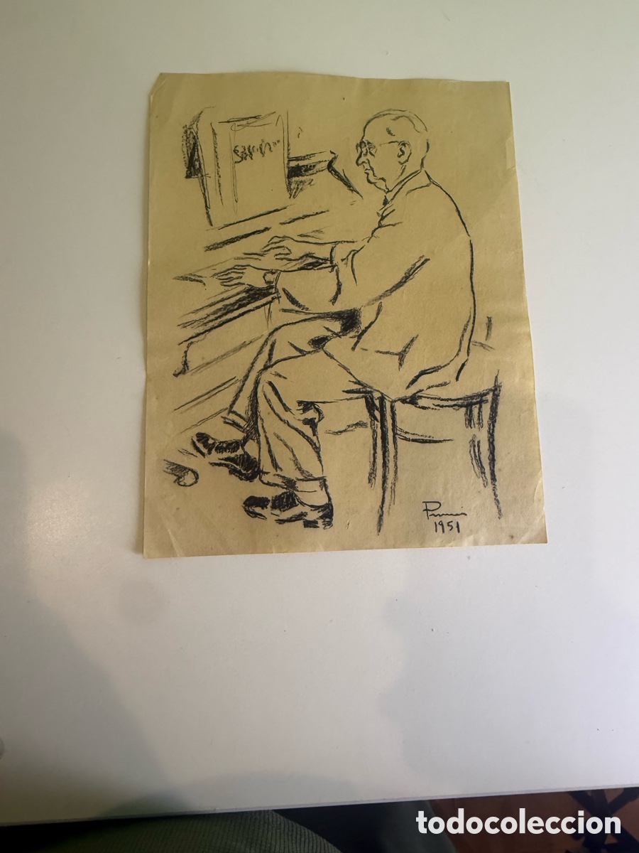 Arte: Carles Prun&eacute;s (Barcelona, 1937-2017) &ndash; Dibujo original firmado 1951, pianista al piano