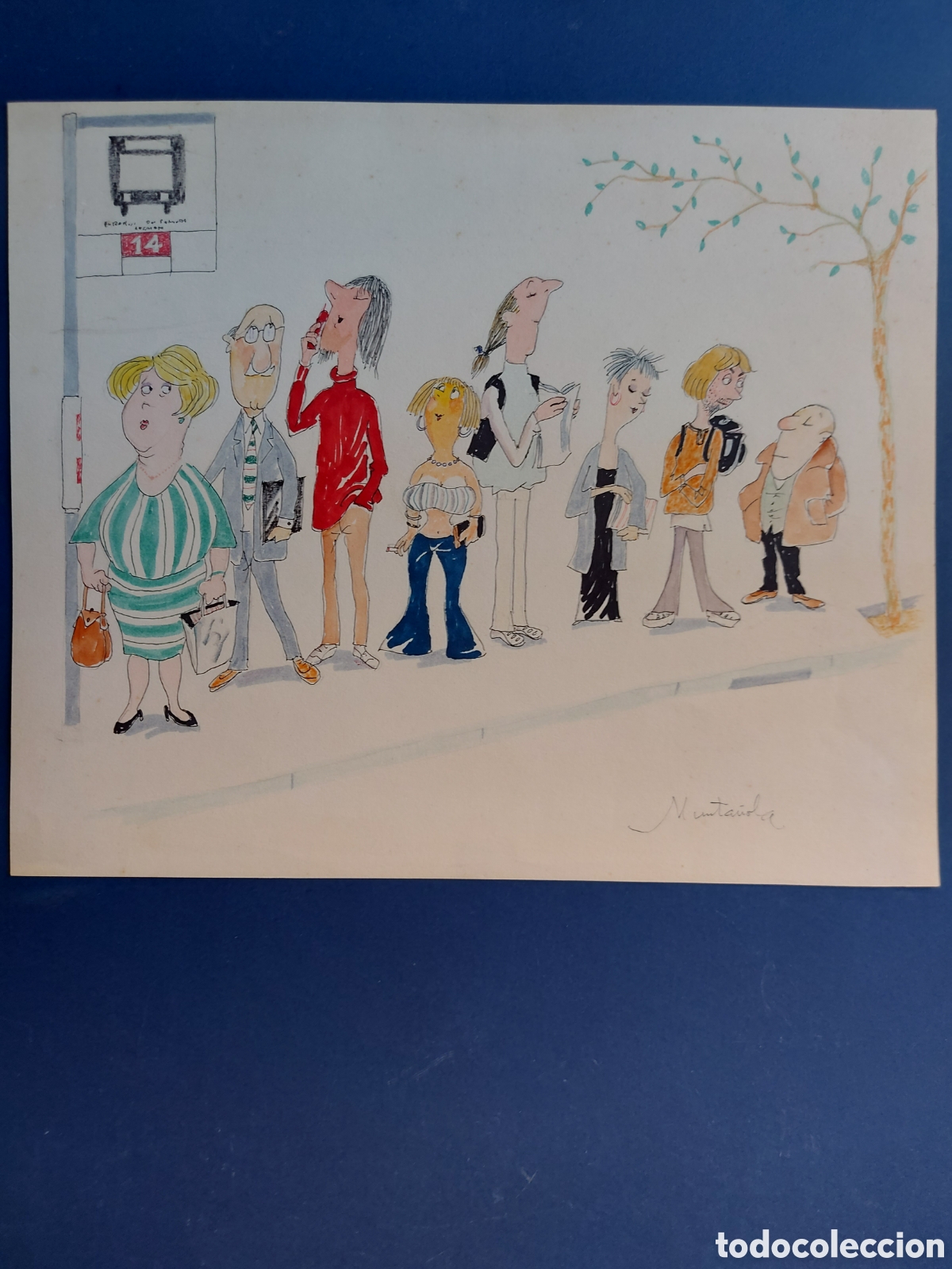 Arte: MUNTA&Ntilde;OLA &rdquo;PERSONAJES ESPERANDO EL 14&rdquo; COMIC ORIGINAL