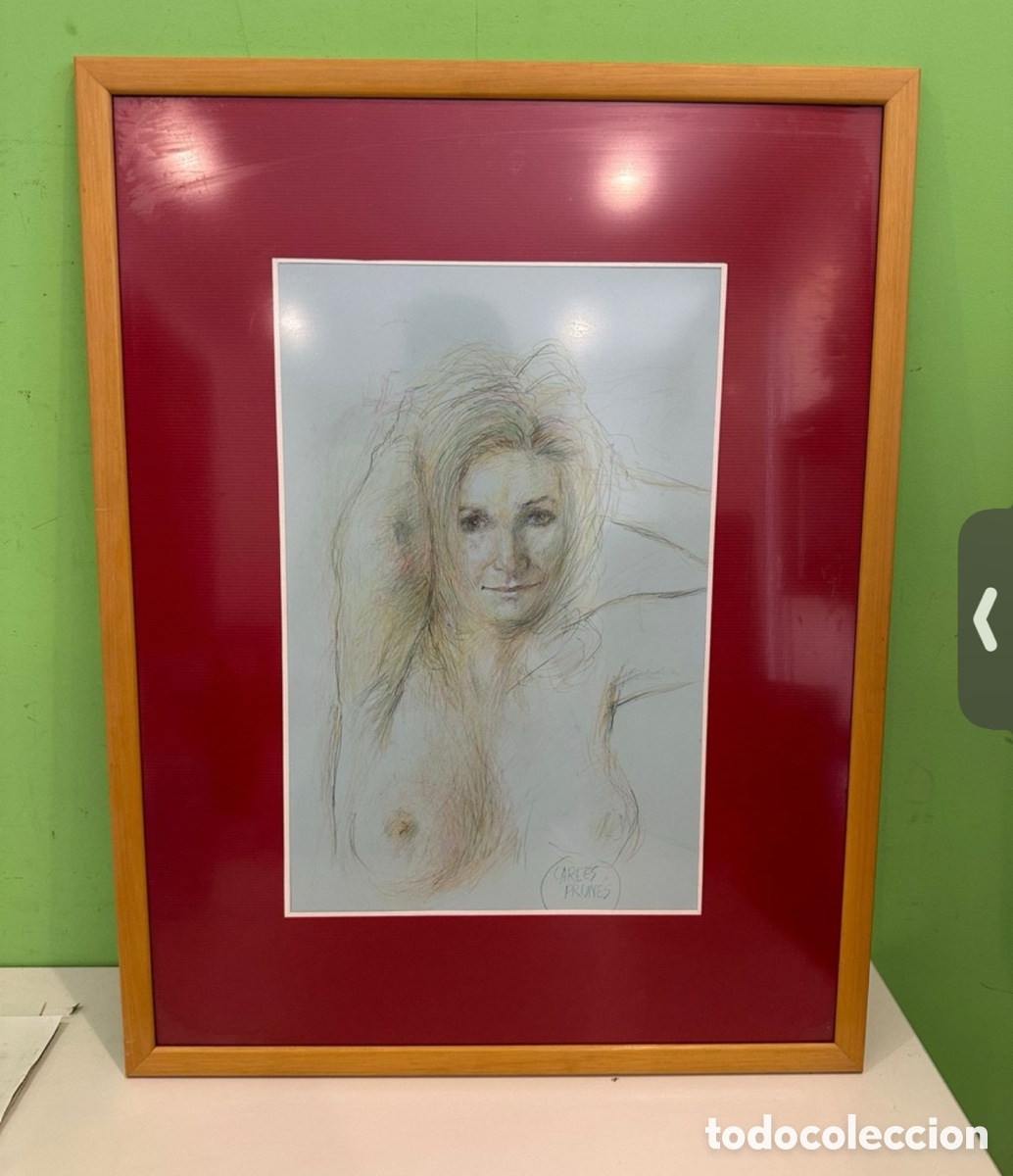 Arte: Carles Prun&eacute;s (1937-2017) Dibujo original firmado Desnudo femenino bajo cristal