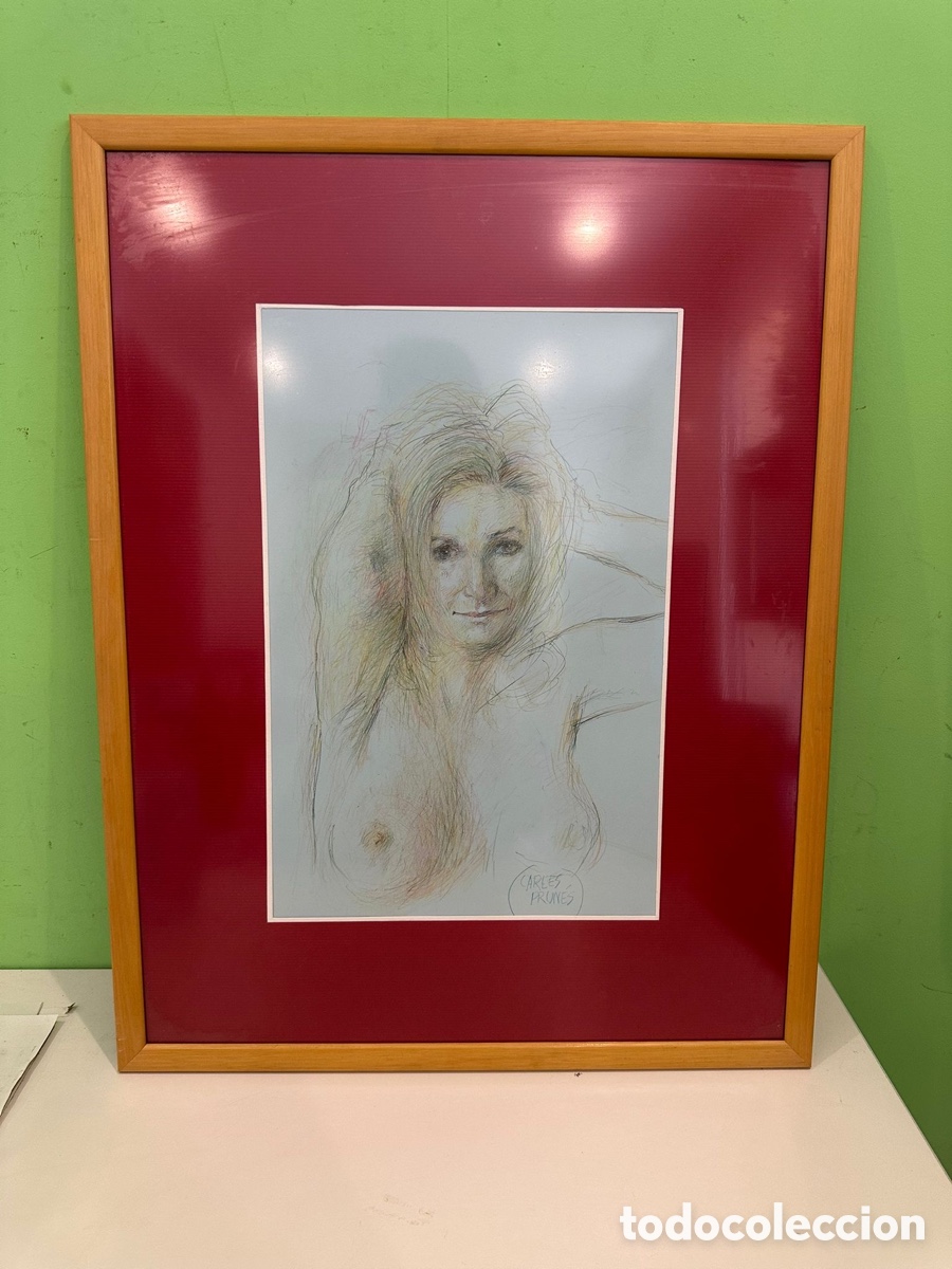 Arte: Carles Prun&eacute;s (1937-2017) Dibujo original firmado Desnudo femenino bajo cristal