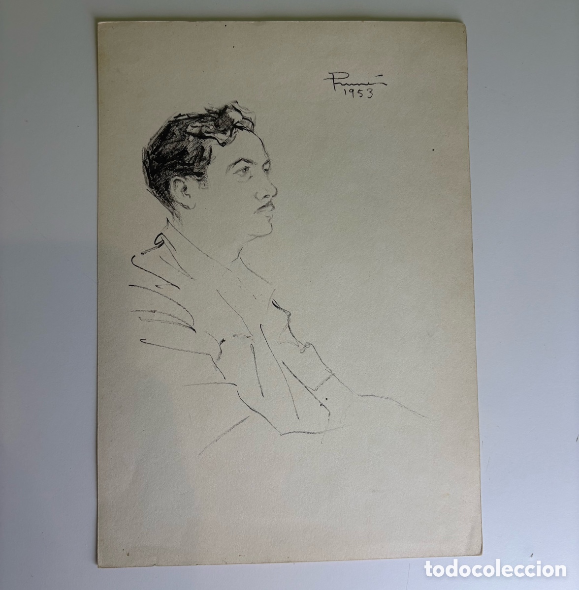 Arte: Carles Prun&eacute;s (1937-2017) &ndash; Dibujo original firmado y fechado 1953 &ndash; Retrato masculino de perfil