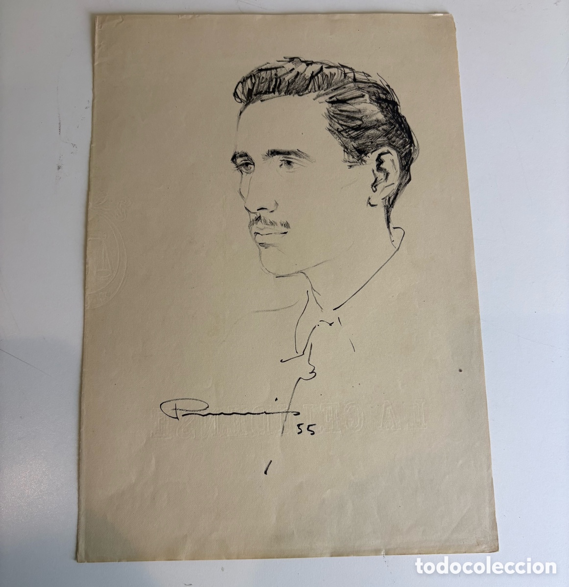 Arte: Carles Prun&eacute;s (1937-2017) &ndash; Dibujo original firmado y fechado 1955 &ndash; Retrato masculino