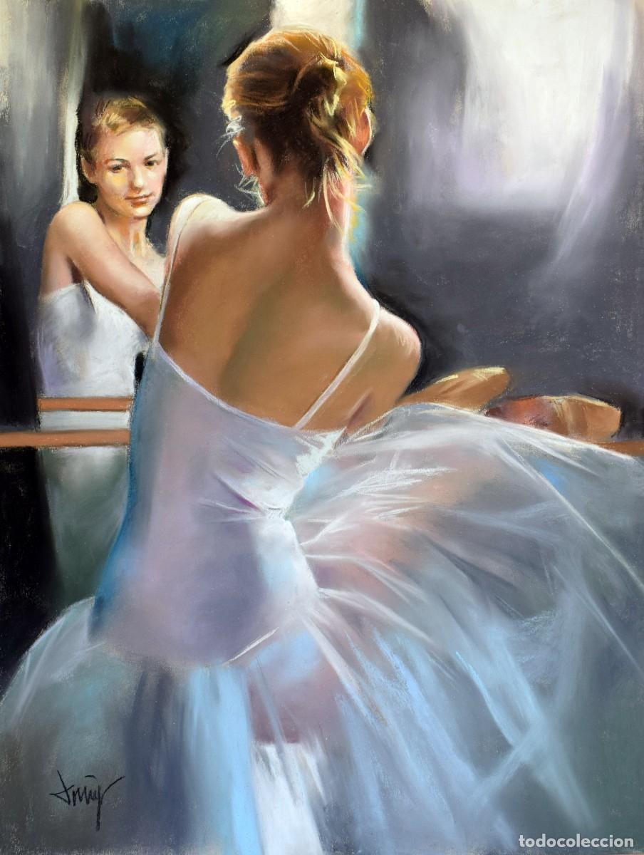 Arte: Domingo Alvarez G&oacute;mez Pastel enmarcado Bailarina frente al espejo