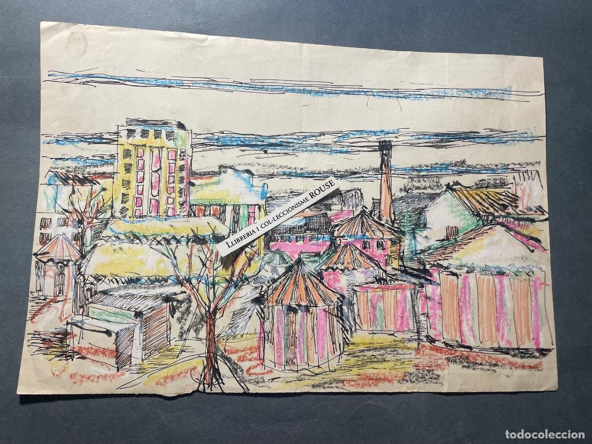Arte: ANTIGUO DIBUJO , PAISAJE HURBANO A&Ntilde;OS 50/60 A TINTA Y COLORES FIRMADO MONN... LUIS RODRIGUEZ , PART