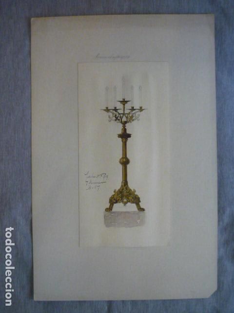 Arte: DISE&Ntilde;O DE CANDELABRO DIBUJO A PLUMILLA ORIGINAL CONSTANTIN UHDE ARQUITECTO ALEMAN 1888 1889