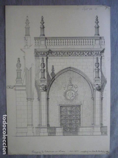 Arte: LEON DETALLE DE LA CATEDRAL DIBUJO A PLUMILLA ORIGINAL CONSTANTIN UHDE ARQUITECTO ALEMAN 1888 1889