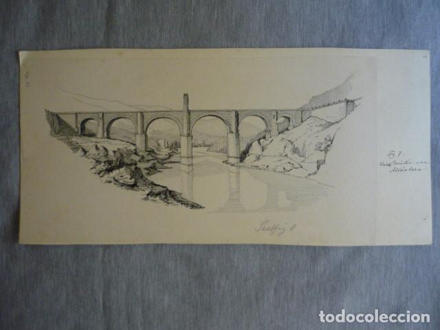 Arte: PUENTE DE ALCANTARA CACERES DIBUJO A PLUMILLA ORIGINAL CONSTANTIN UHDE ARQUITECTO ALEMAN 1888 1889