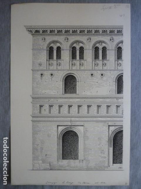 Arte: ZARAGOZA LA LONJA DIBUJO A PLUMILLA ORIGINAL CONSTANTIN UHDE ARQUITECTO ALEMAN 1888 1889