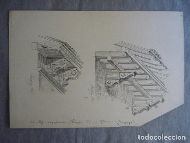 Arte: ZARAGOZA CORNISAS DIBUJO A PLUMILLA ORIGINAL CONSTANTIN UHDE ARQUITECTO ALEMAN 1888 1889