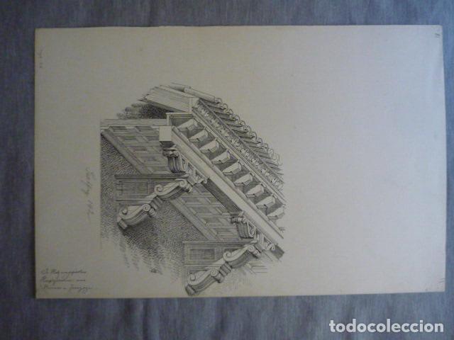 Arte: ZARAGOZA CORNISA RENANCENTIST DIBUJO A PLUMILLA ORIGINAL CONSTANTIN UHDE ARQUITECTO ALEMAN 1888 1889