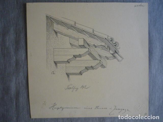 Arte: ZARAGOZA CORNISA DIBUJO A PLUMILLA ORIGINAL CONSTANTIN UHDE ARQUITECTO ALEMAN 1888 1889