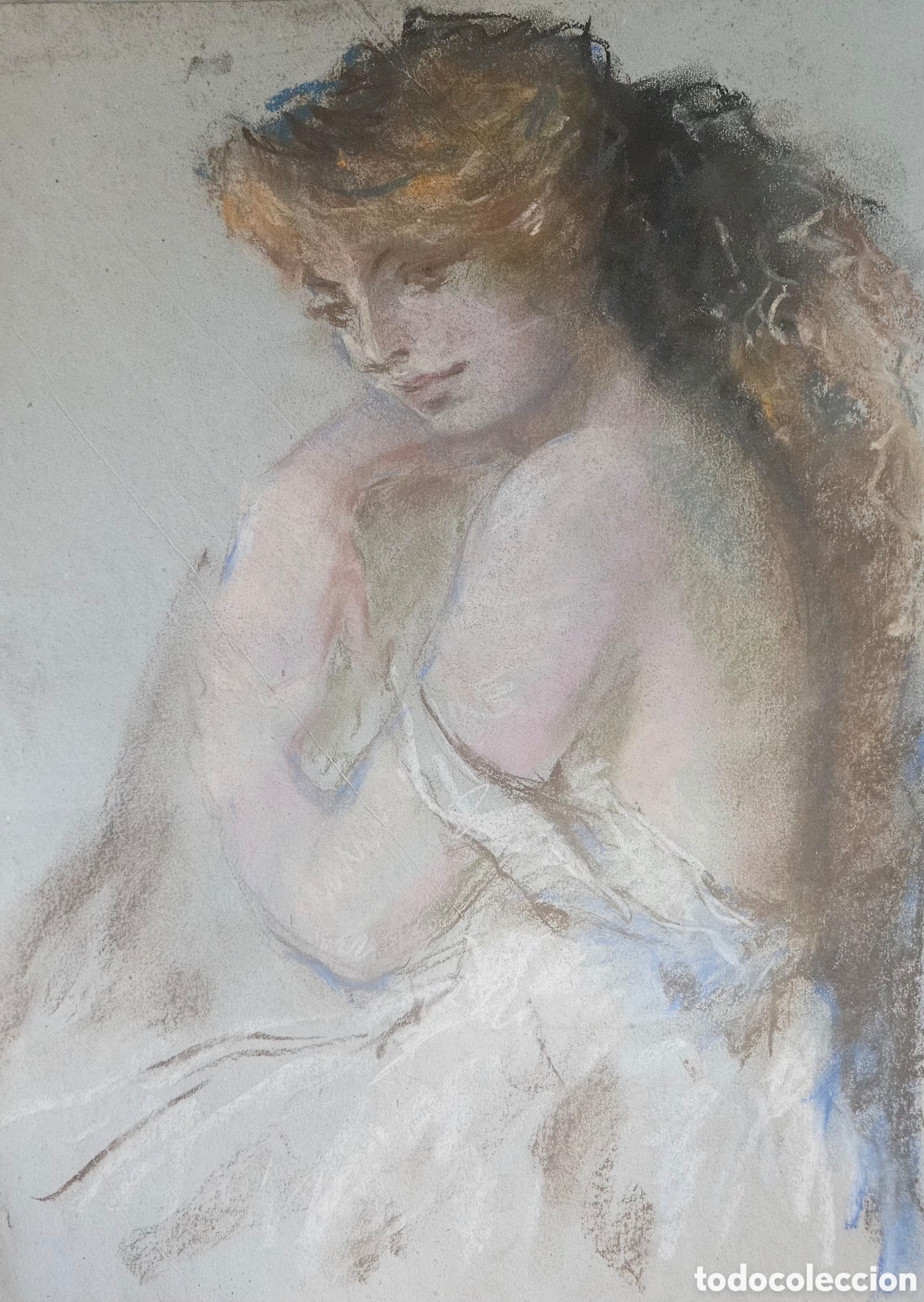 Arte: Jose Guevara (M&aacute;laga 1930-2017) precioso dibujo (pastel), mujer semidesnuda, sin firmar.