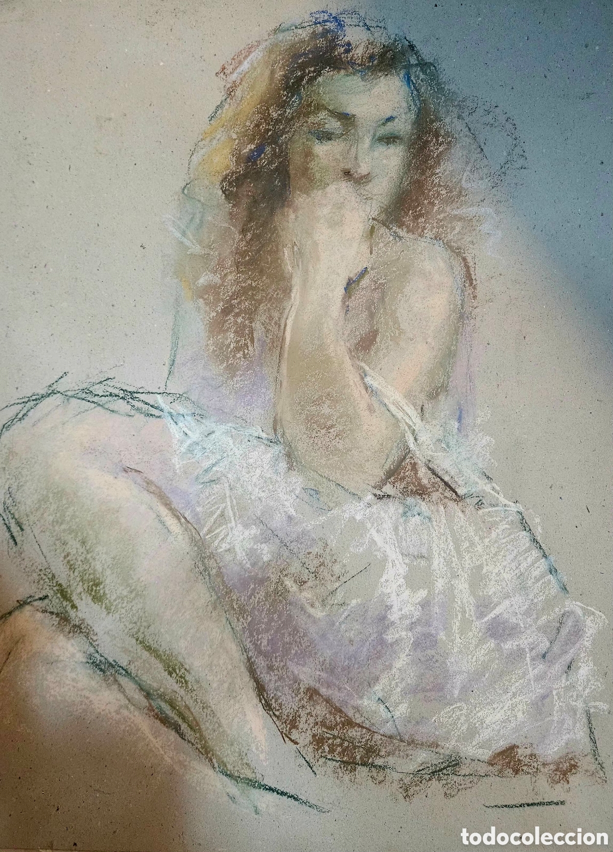Arte: Jose Guevara (M&aacute;laga 1930-2017) precioso dibujo (pastel) mujer posando, sin firmar.