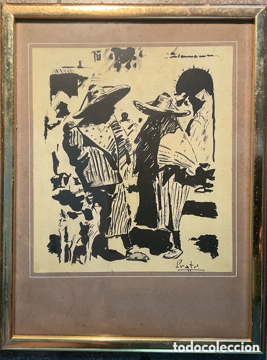 Arte: Dibujo original a tinta firmado Prats &ndash; Escena costumbrista &ndash; 26 x 20 cm &ndash; Enmarcado
