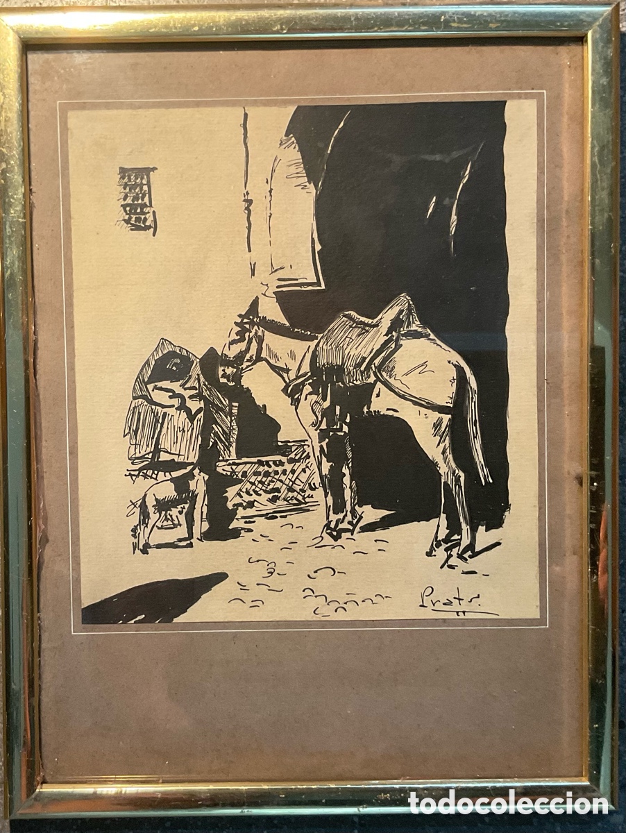 Arte: Dibujo original a tinta firmado Prats &ndash; Burro y campesino &ndash; Escena rural &ndash; 26 x 20 cm &ndash; Enmarcado