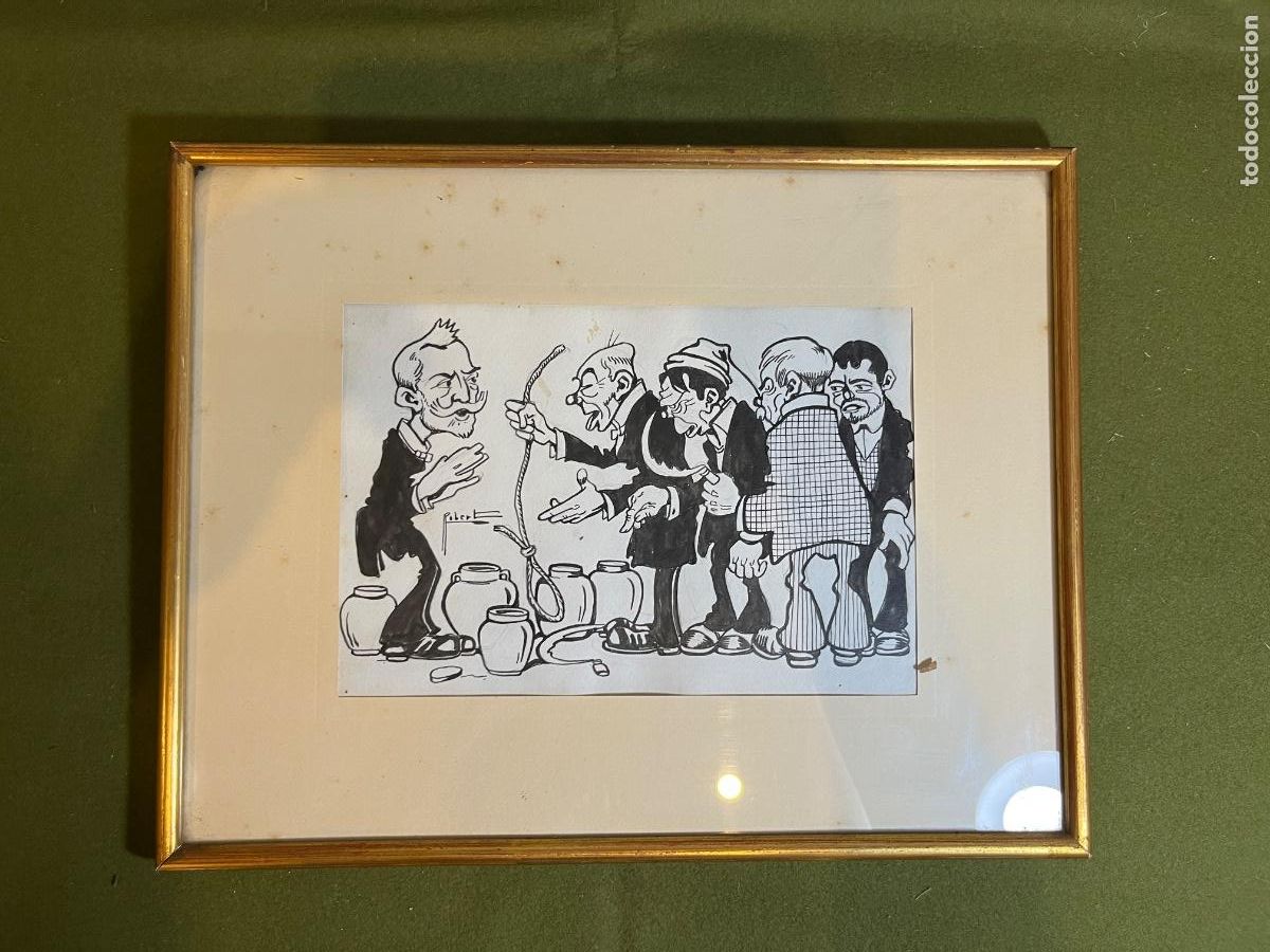 Kunst: Dibujo original firmado Robert (Josep Robert i Picariu, 1870-1940) &ndash; Caricatura sat&iacute;rica catalana &ndash;