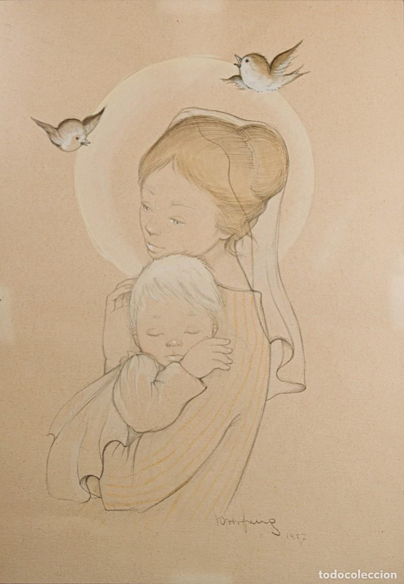 Arte: ROSER PUIG - MATERNIDAD / VIRGEN CON NI&Ntilde;O (1957) DIBUJO ORIGINAL T&Eacute;CNICA MIXTA ENMARCADO