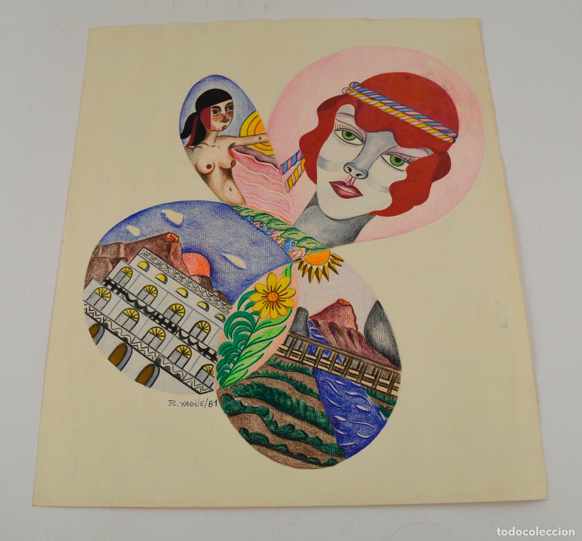 Arte: Rosa Yag&uuml;e, paisajes y mujeres, dibujo t&eacute;cnica mixta, 1981, firmado. 45,5x38,5cm