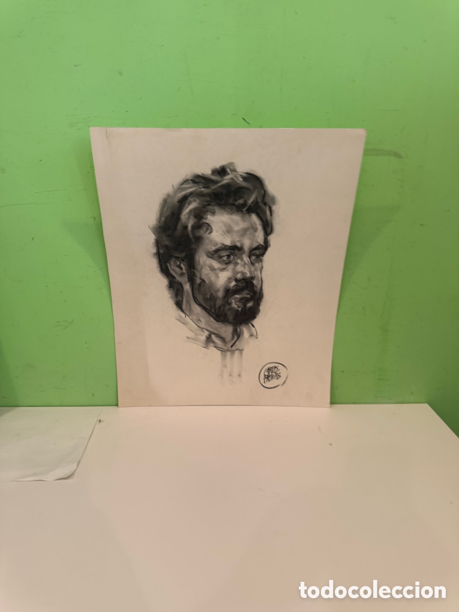 Kunst: Carles Prun&eacute;s (1937-2017) Dibujo original al carboncillo &ndash; Retrato masculino firmado (53 x 43 cm)