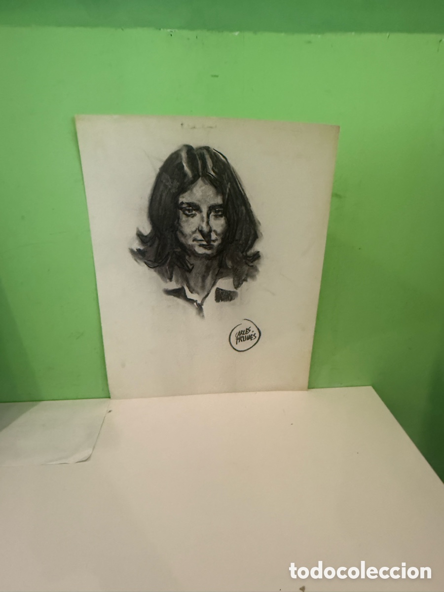 Kunst: Carles Prun&eacute;s (1937-2017) Dibujo original al carboncillo &ndash; Retrato femenino firmado (66 x 50 cm)