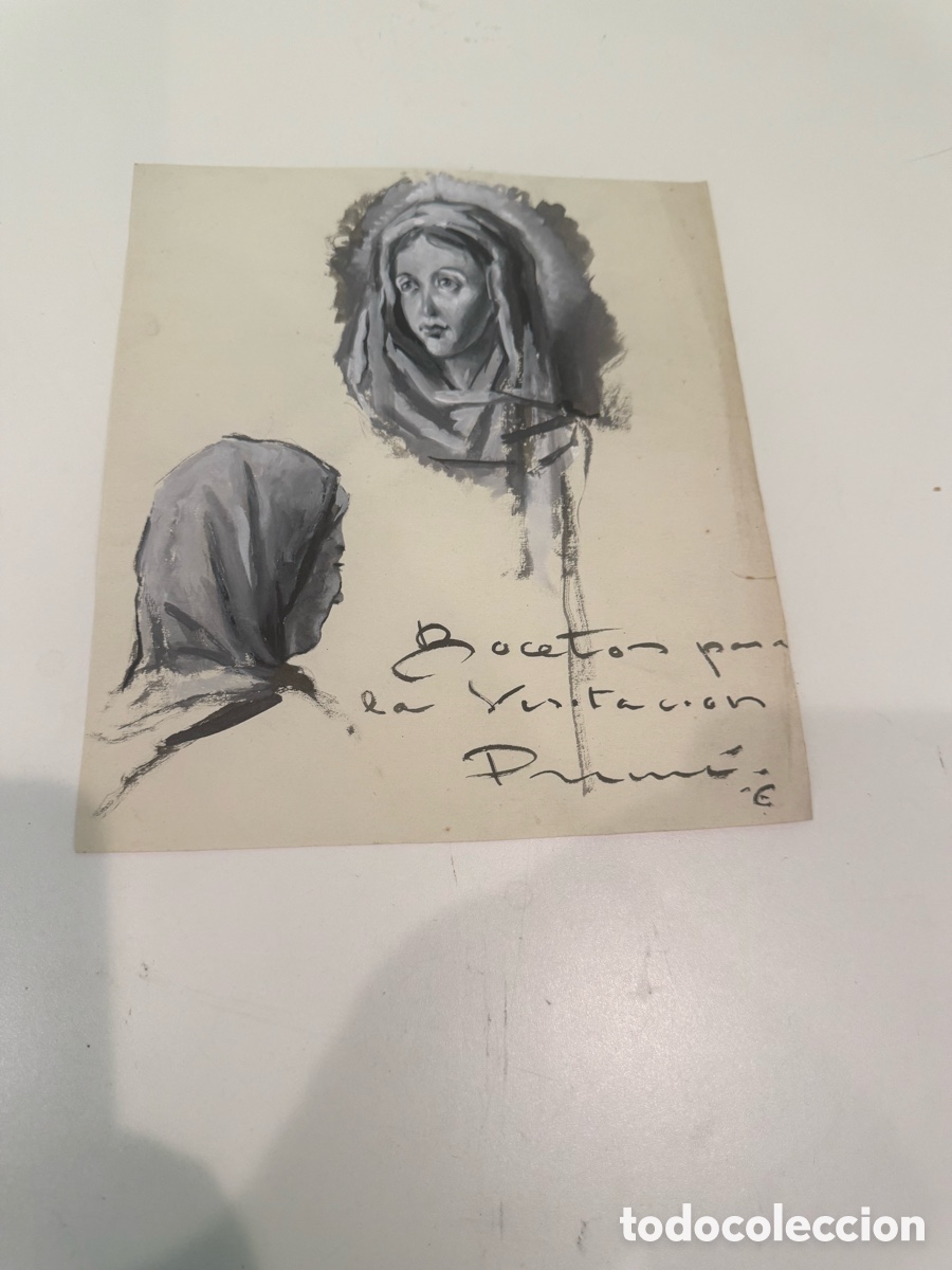 Kunst: Carles Prun&eacute;s (1937-2017) Dibujo original firmado &ndash; Boceto para &ldquo;La Visitaci&oacute;n&rdquo; (21 x 24 cm)