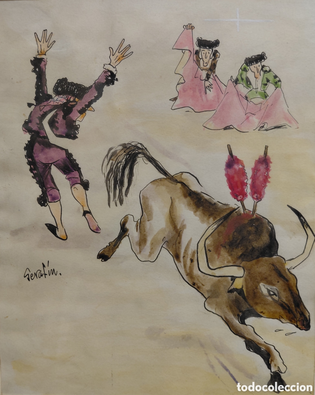 Kunst: Seraf&iacute;n Rojo (1925-2003). Ilustraci&oacute;n escena taurina, t&eacute;cnica mixta sobre papel.