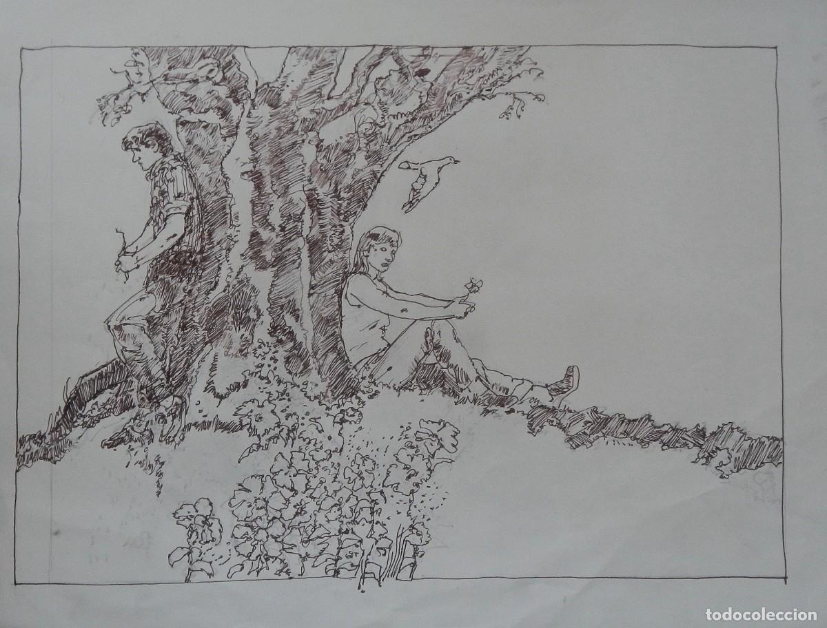 Arte: Carlos Enrique Lencinas G&oacute;mez. Tinta sobre papel. &rdquo;Pareja, &aacute;rbol, paloma y flores&rdquo;. Sin firmar.