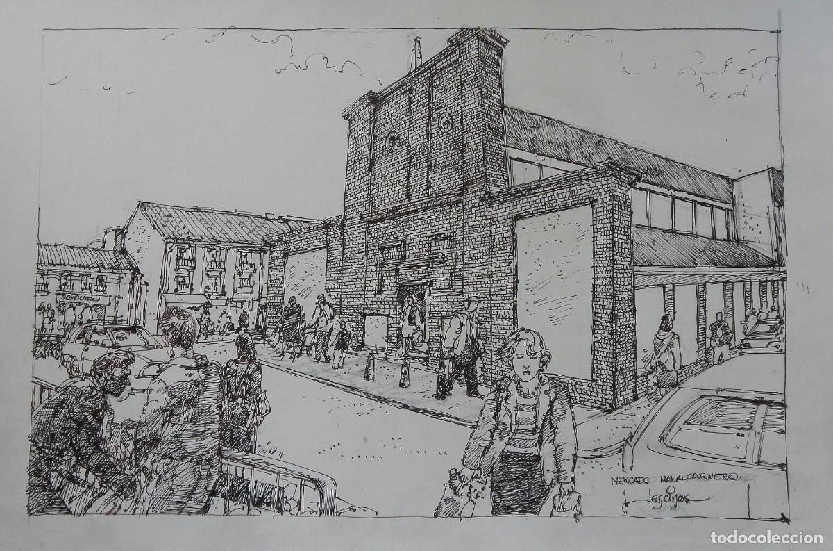 Arte: Carlos Enrique Lencinas G&oacute;mez. Tinta sobre papel. &rdquo;Mercado Navalcarnero. Madrid&rdquo;. Firmado a mano.