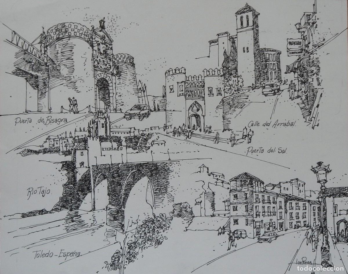 Arte: Carlos Enrique Lencinas G&oacute;mez. Tinta sobre papel. &rdquo;Cuatro lugares de Toledo&rdquo;. Firmado a mano.