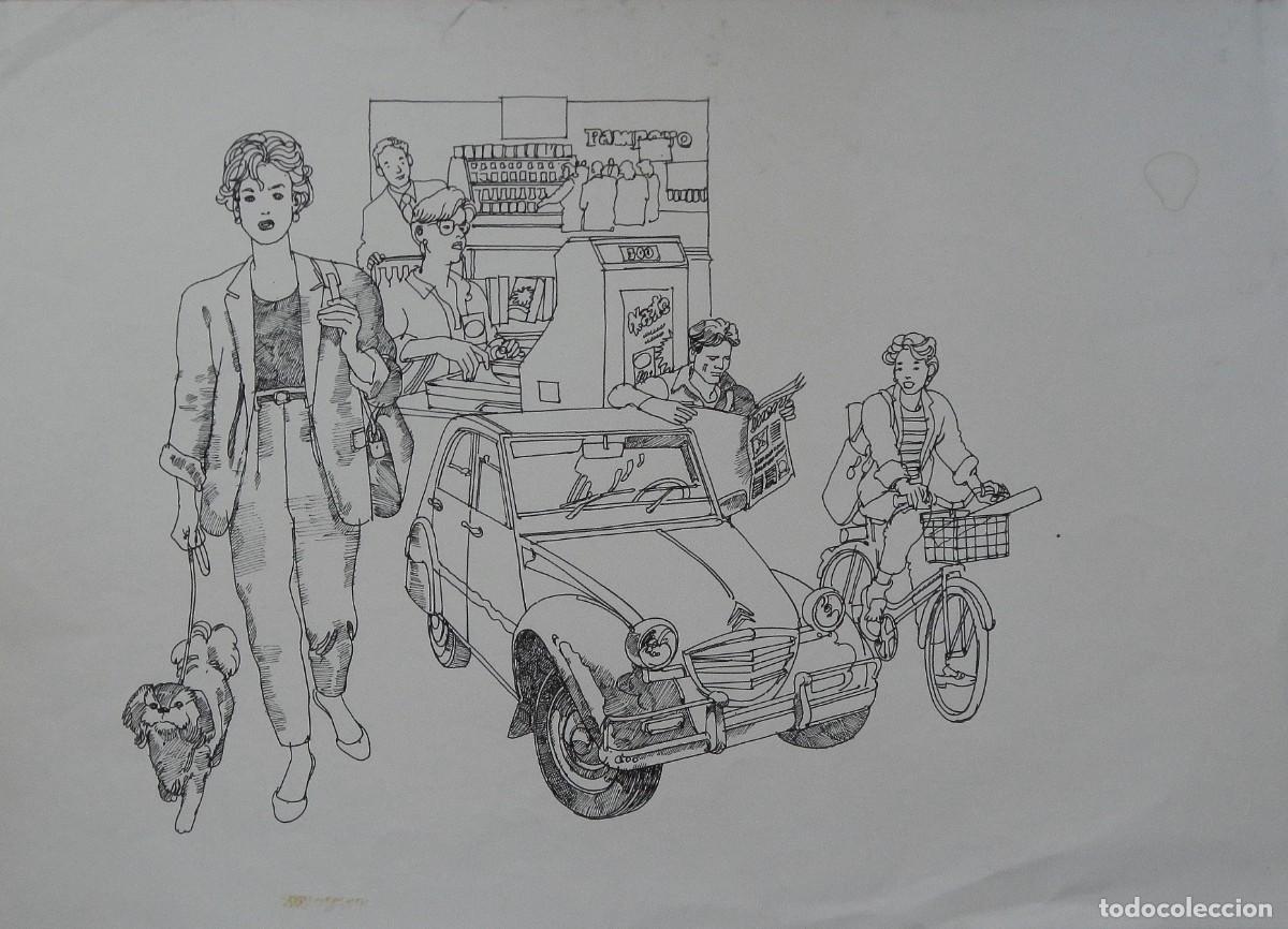 Arte: Carlos Enrique Lencinas G&oacute;mez. Tinta sobre papel. &rdquo;Coche Citroen. Mujer. Perro. Bicicleta&rdquo;.