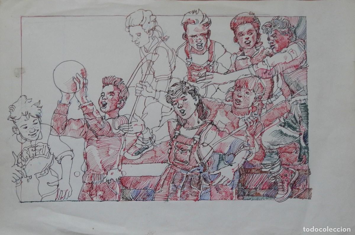 Arte: Carlos Enrique Lencinas G&oacute;mez. Tinta y color sobre papel. &rdquo;Ni&ntilde;os y ni&ntilde;as jugando&rdquo;. Sin firmar.