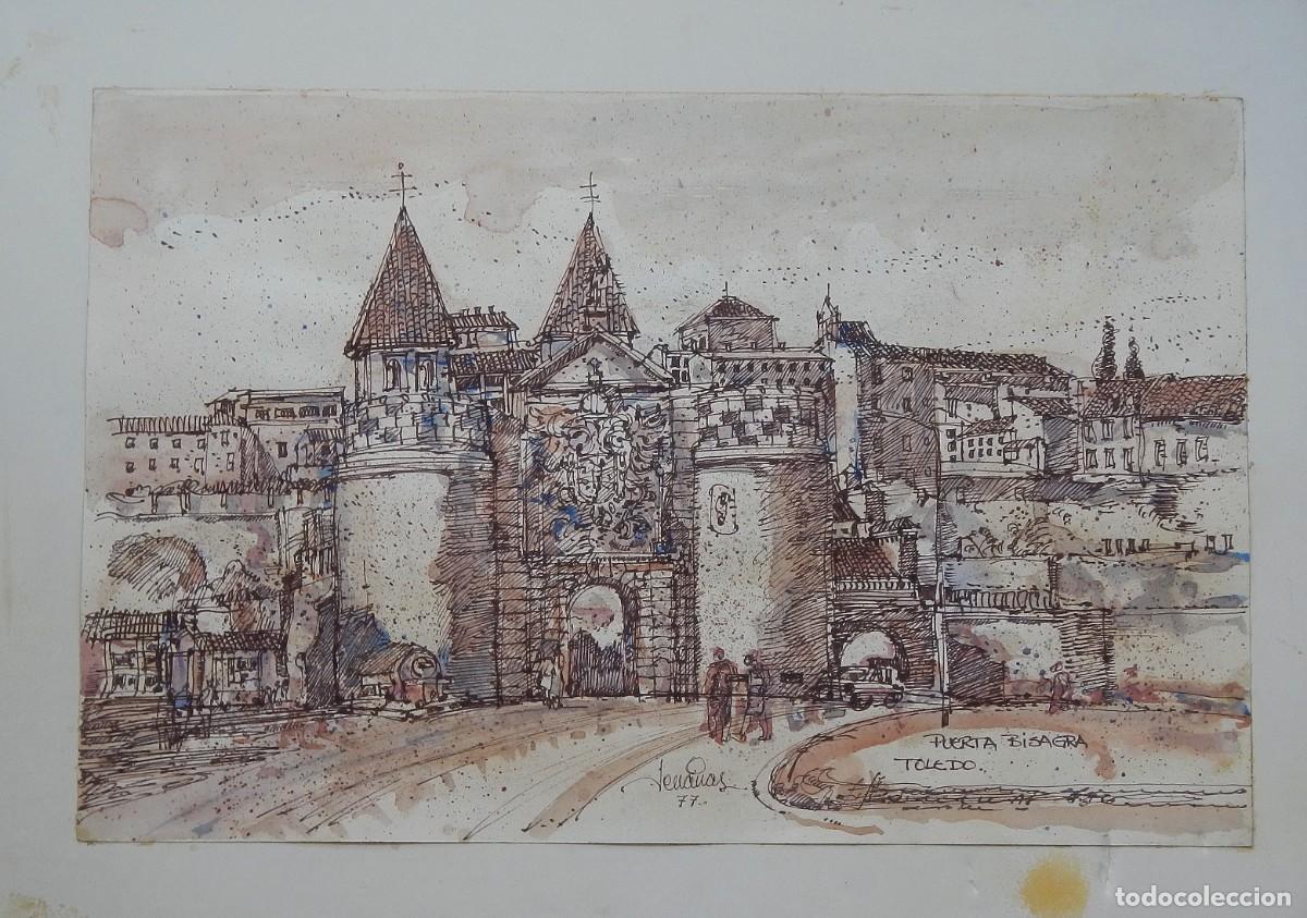 Arte: Carlos Enrique Lencinas G&oacute;mez. Tina y acuarela sobre papel. &rdquo;Puerta Bisagra. Toledo&rdquo;. Firmado mano.