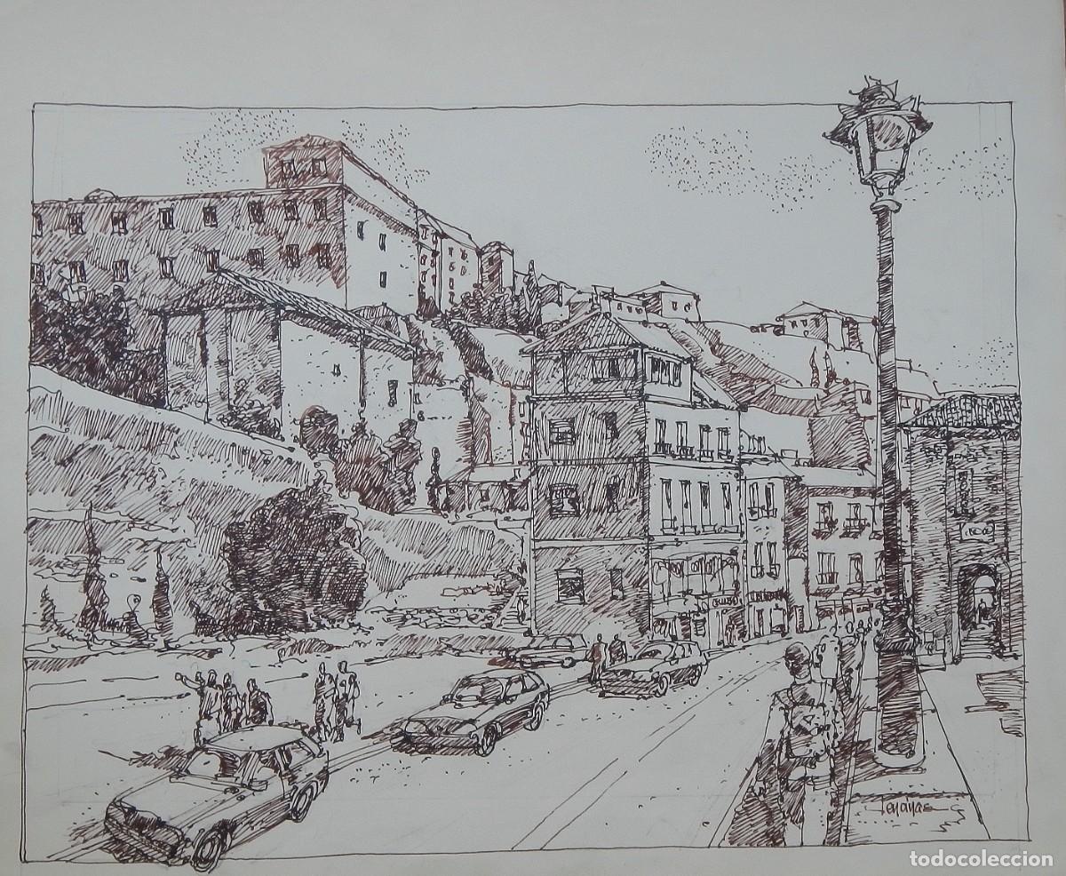 Arte: Carlos Enrique Lencinas G&oacute;mez. Tinta sobre papel. &rdquo;Calle Real de Arrabal. Toledo&rdquo;. Firmado a mano.
