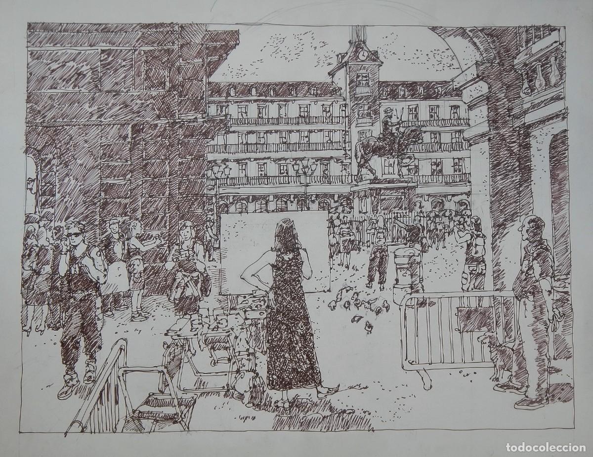 Arte: Carlos Enrique Lencinas G&oacute;mez. Tinta sobre papel. &rdquo;Pintora pintando Plaza Mayor. Madrid&rdquo;.