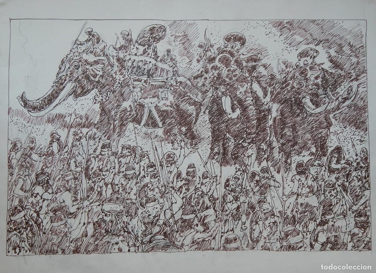 Arte: Carlos Enrique Lencinas G&oacute;mez. Acuarela sobre papel. &rdquo;Elefantes. Guerreros. India&rdquo;. Firmada a mano.