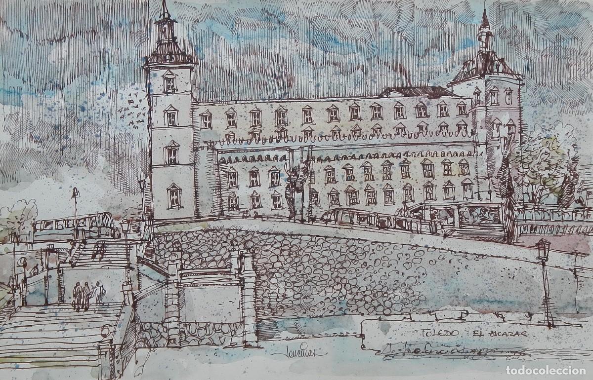 Arte: Carlos Enrique Lencinas G&oacute;mez. Tina y acuarela sobre papel. &rdquo;Toledo. El Alc&aacute;zar.&rdquo; Firmada a mano.