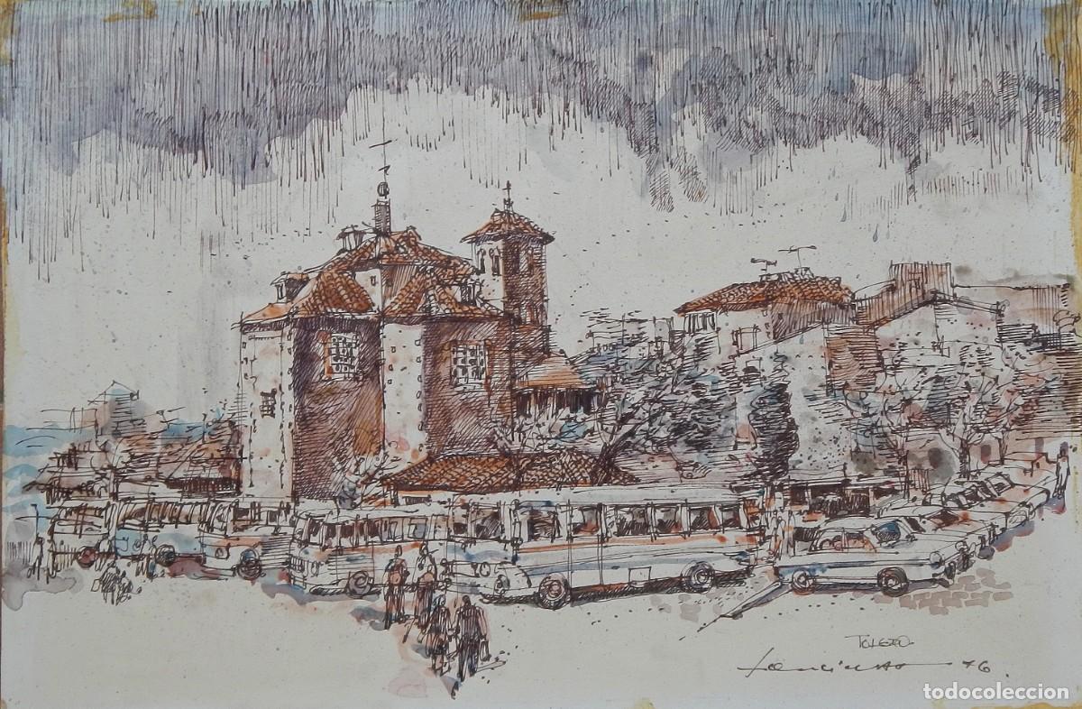 Arte: Carlos Enrique Lencinas G&oacute;mez. Tinta y acuarela sobre papel. &rdquo;Toledo. Autob&uacute;s. Coches. 1976.&rdquo;