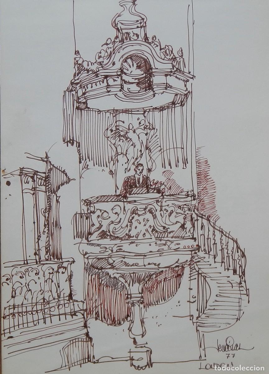 Kunst: Carlos Enrique Lencinas G&oacute;mez. Tinta sobre papel. &rdquo;Londres. 1977&rdquo;. Firmada a mano. 33x24 cm.