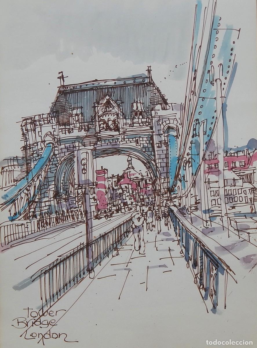 Arte: Carlos Enrique Lencinas G&oacute;mez. Tinta y acuarela sobre papel. &rdquo;Londres. 1977. Tower Bridge&rdquo;.