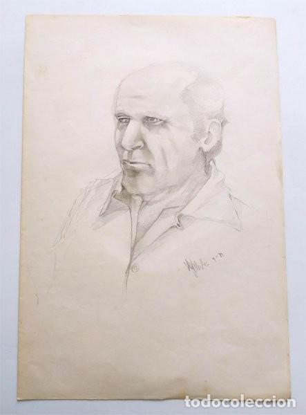 Kunst: Dibujo a l&aacute;piz de un retrato masculino de perfil. Firmado (sin identificar) y fechado en 1981