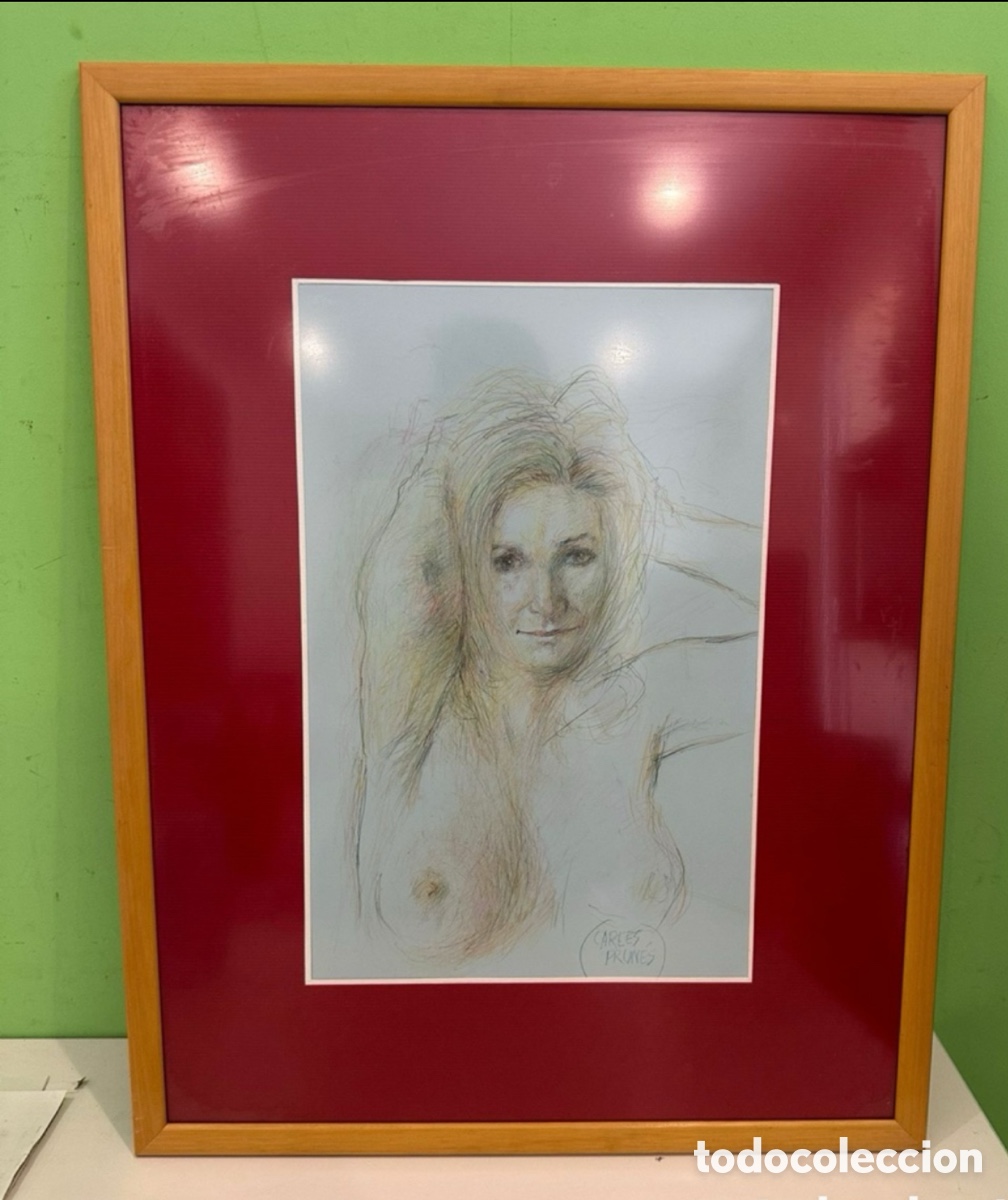 Kunst: Carles Prun&eacute;s (1937-2017) Dibujo original firmado Desnudo femenino bajo cristal.