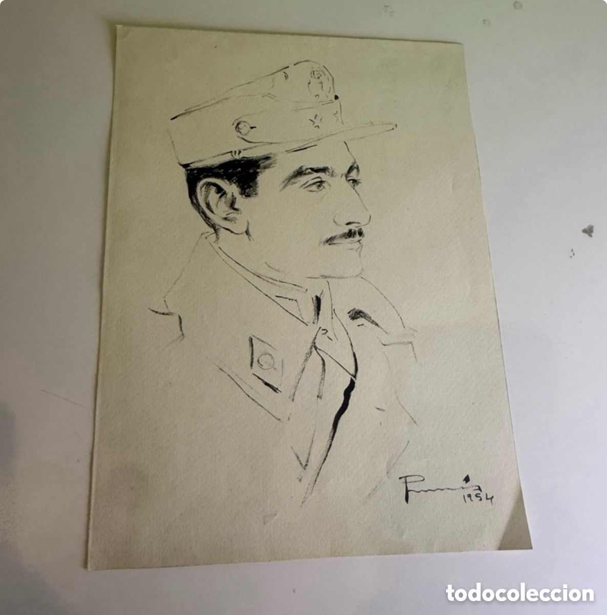 Arte: Carles Prun&eacute;s (1937-2017) Dibujo original firmado 1954. autorretrato con uniforme militar
