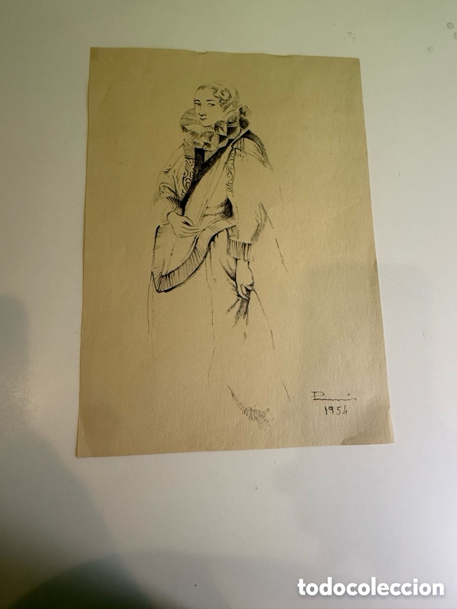 Arte: Carles Prun&eacute;s (Barcelona, 1937-2017) Dibujo original firmado y fechado 1954 - Mujer con mant&oacute;n