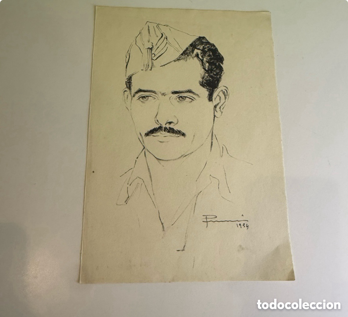 Arte: Carles Prun&eacute;s (Barcelona, 1937-2017) Dibujo original firmado 1954 Autorretrato con uniforme militar
