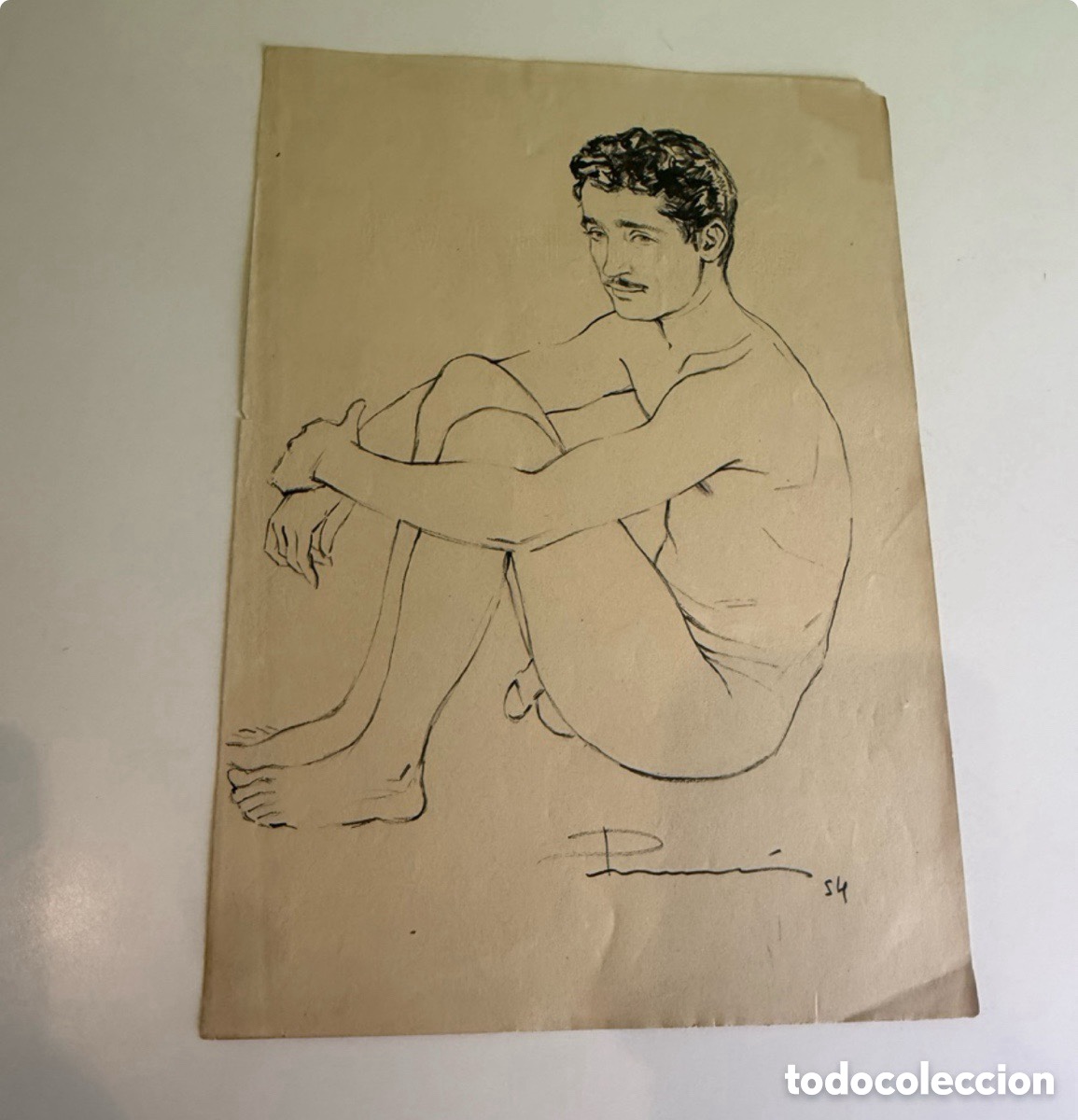 Arte: Carles Prun&eacute;s (Barcelona, 1937-2017) Dibujo original firmado 1954 Autorretrato desnudo