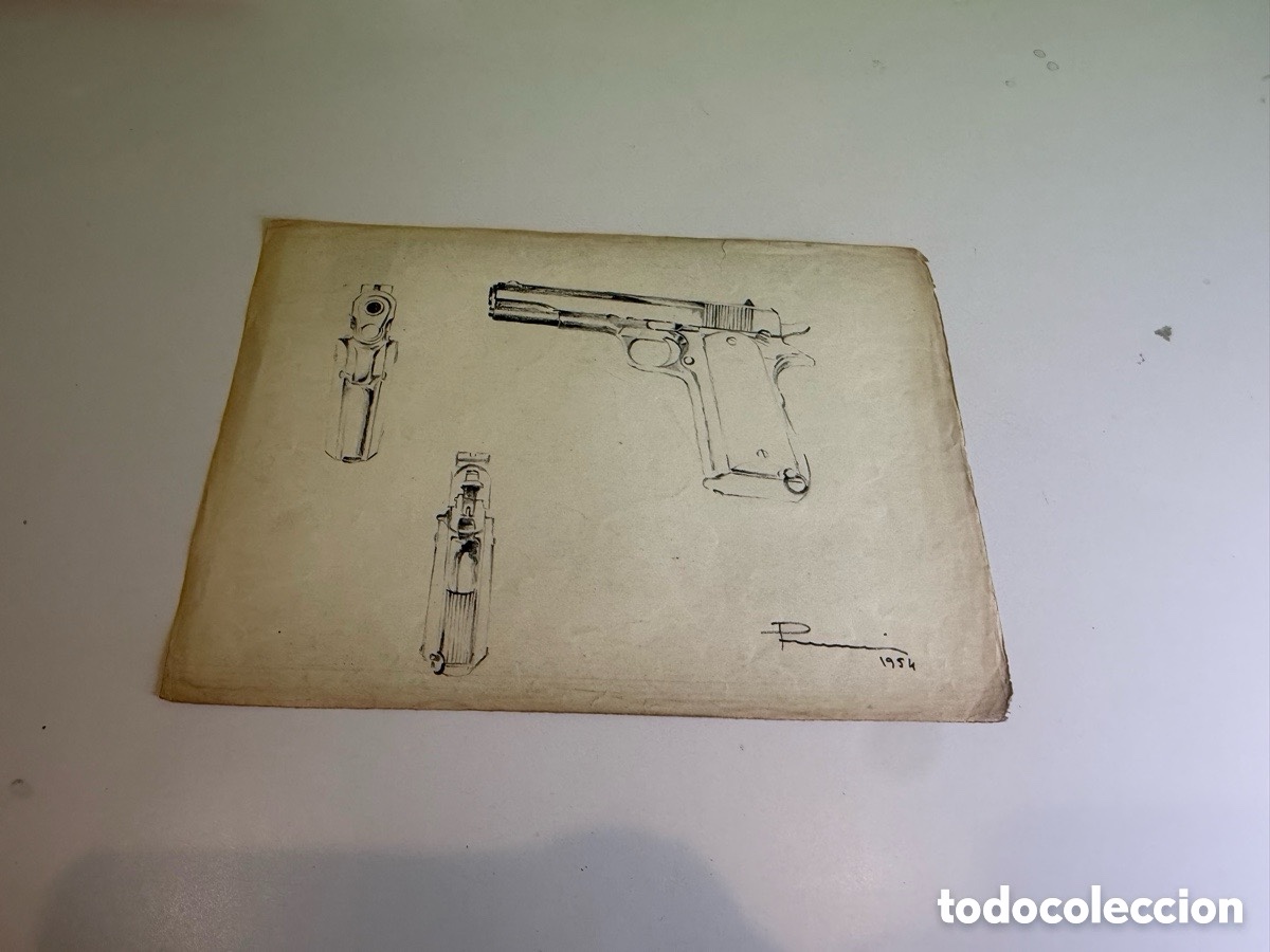 Arte: Carles Prun&eacute;s (Barcelona, 1937-2017) - Dibujo original firmado 1954, estudio de pistola