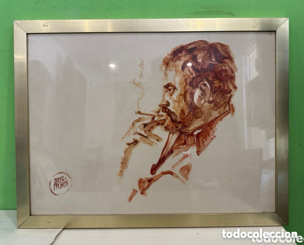 Arte: Carles Prunes (Barcelona, 1937-2017) - Retrato masculino fumando - Dibujo original firmado