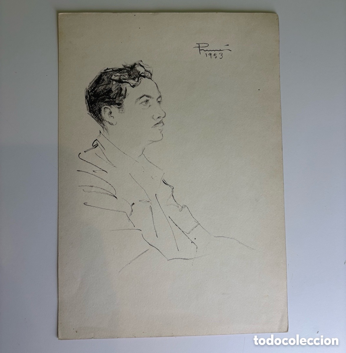 Arte: Carles Prun&eacute;s (1937-2017) - Dibujo original firmado y fechado 1953 - Retrato masculino de perfil