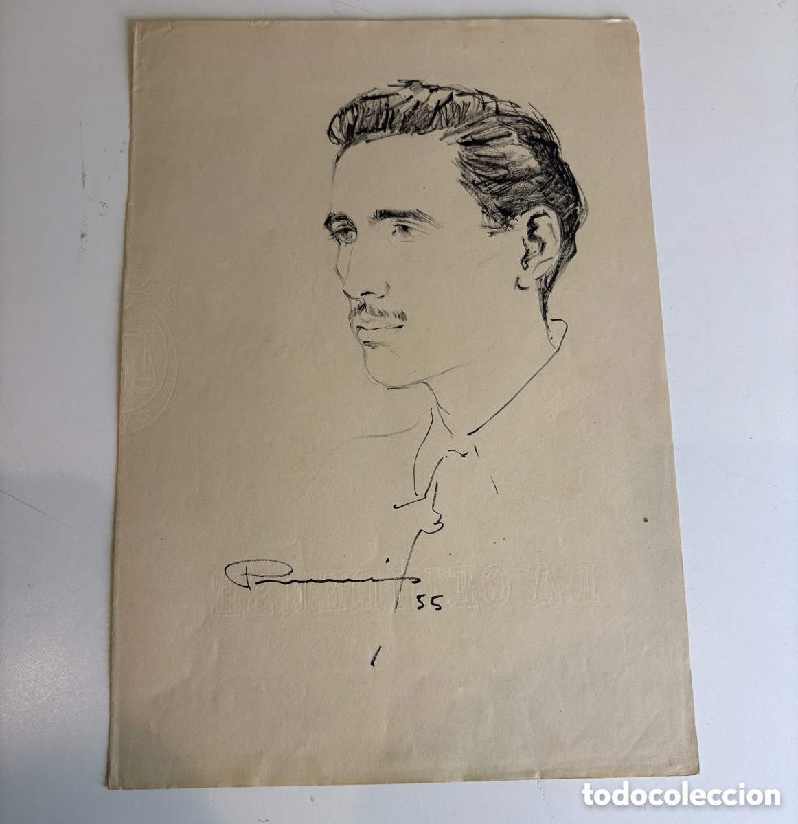 Arte: Carles Prun&eacute;s (1937-2017) - Dibujo original firmado y fechado 1955 - Retrato masculino