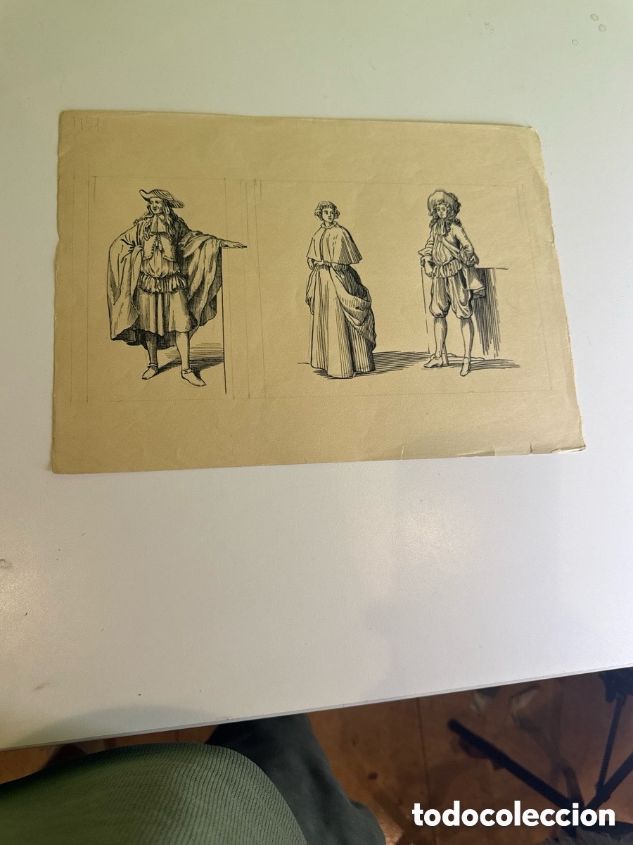 Arte: Carles Prun&eacute;s (Barcelona, 1937-2017) Dibujo original 1951 estudio de personajes de &eacute;poca SXVII tinta